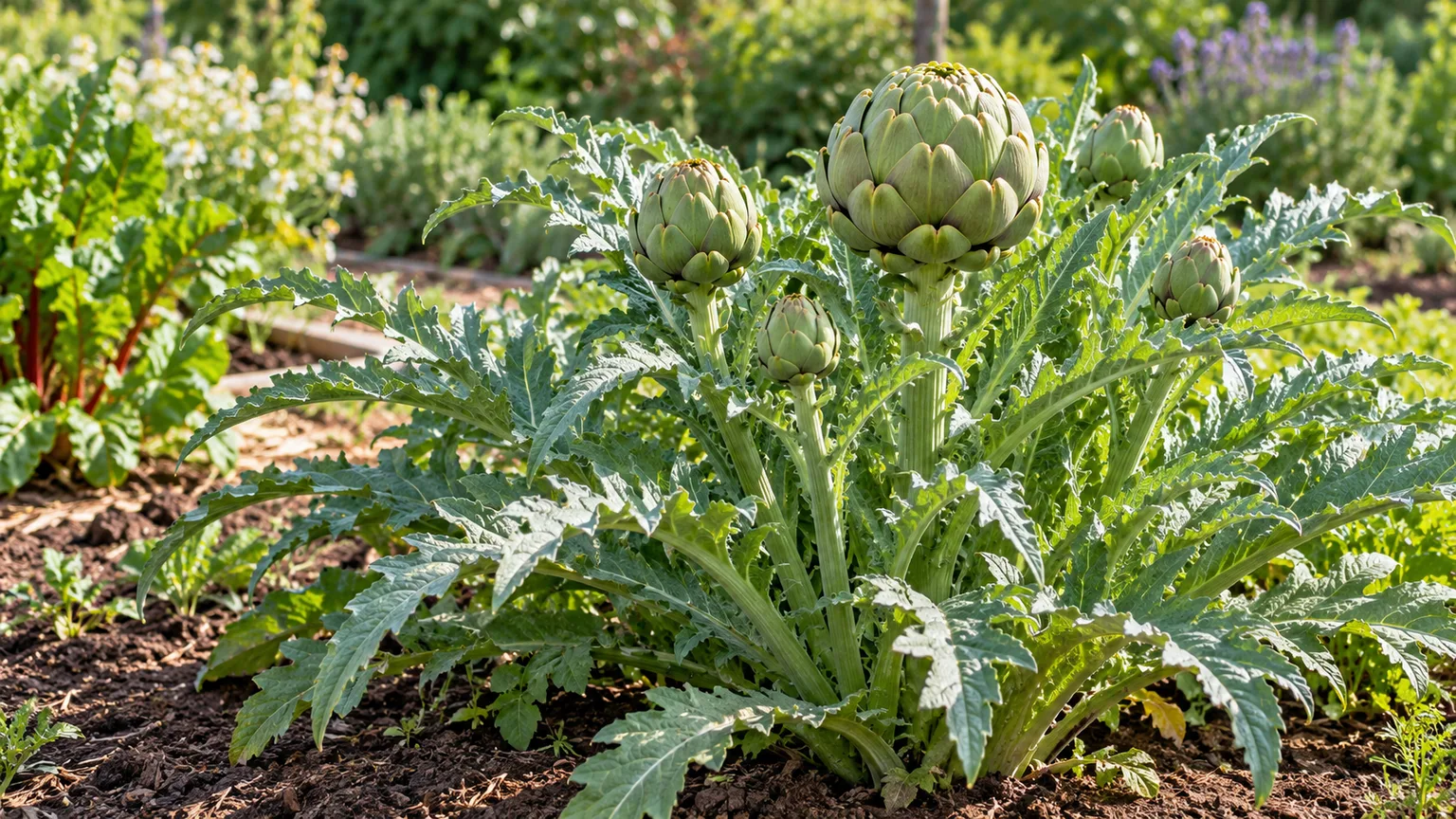 Healthy globe artichoke with silvery green leaves and firm closed buds in a sunny garden