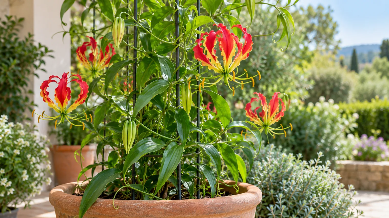 Healthy Gloriosa lily with flame-colored flowers climbing a wire trellis in a patio container