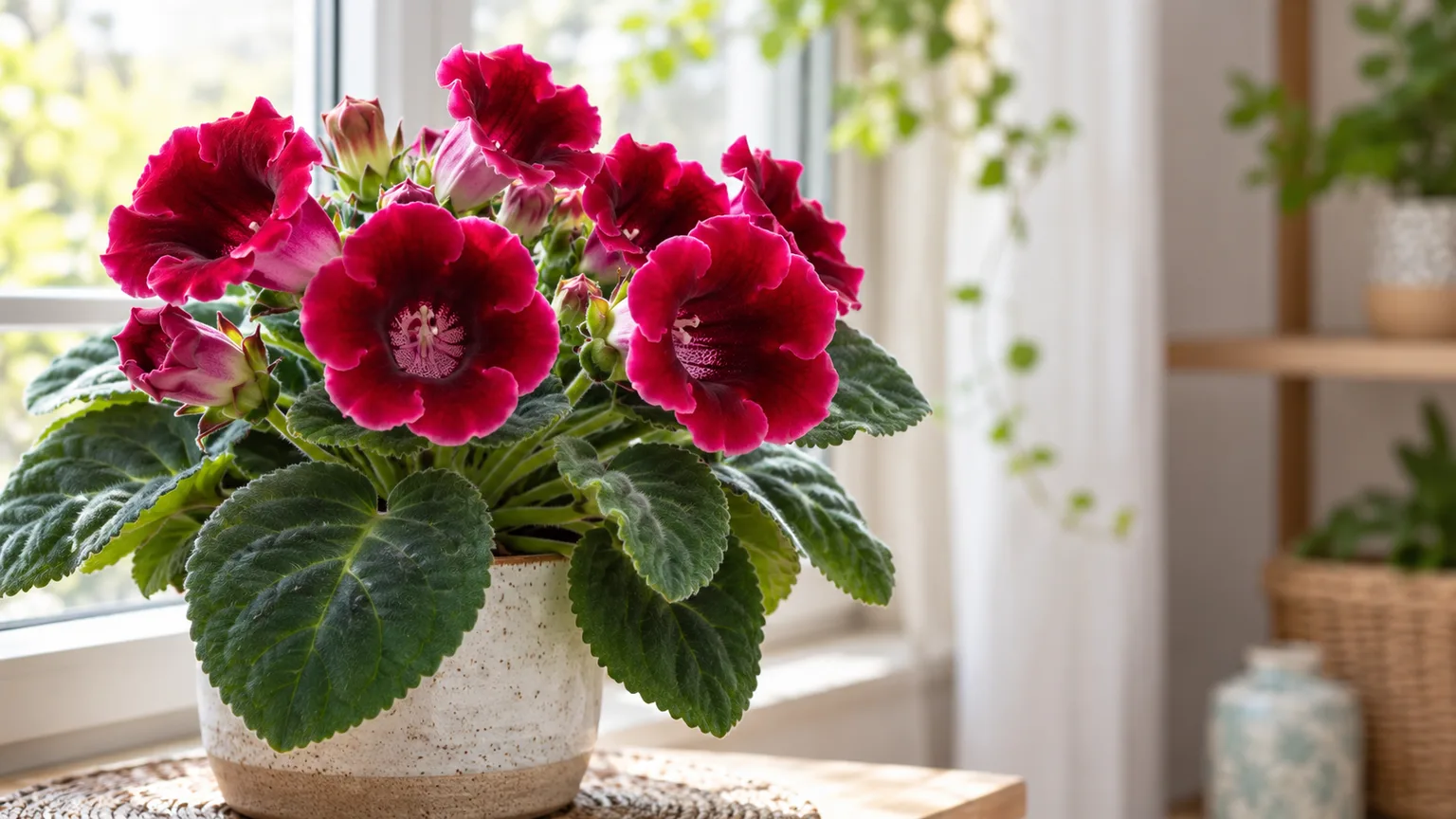 Healthy florist gloxinia with velvety leaves and magenta bell flowers in filtered window light