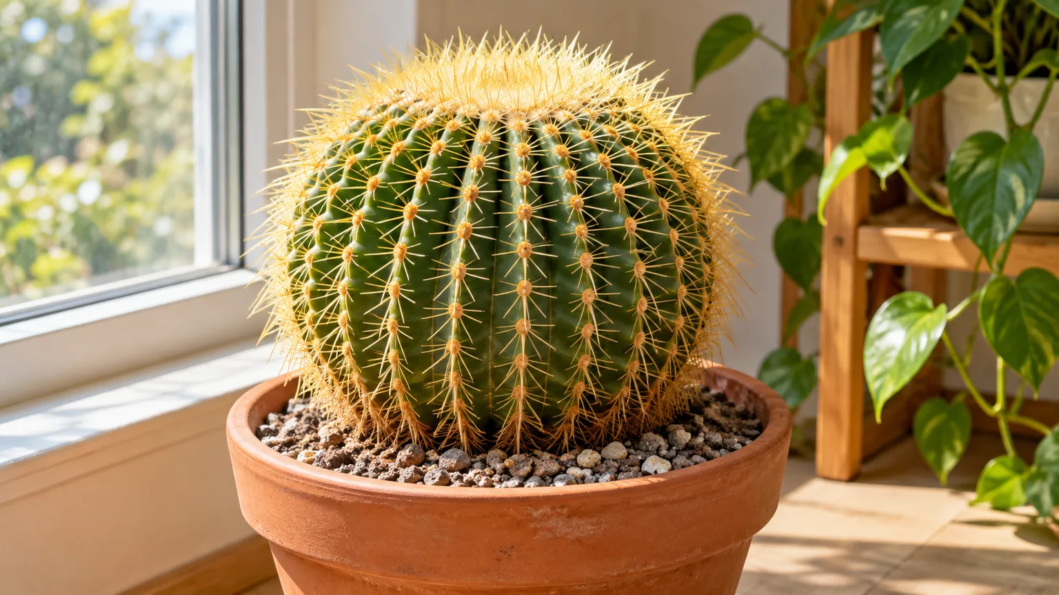 Golden barrel cactus in an unglazed terracotta pot beside a bright window.