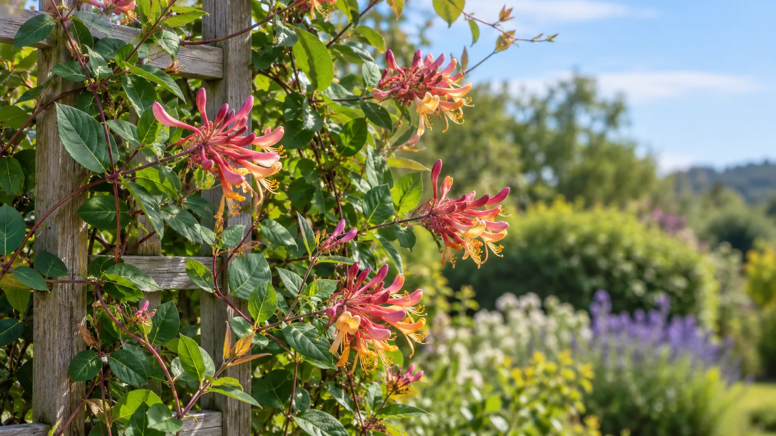 Goldflame honeysuckle with rose-pink and yellow flowers climbing a garden trellis