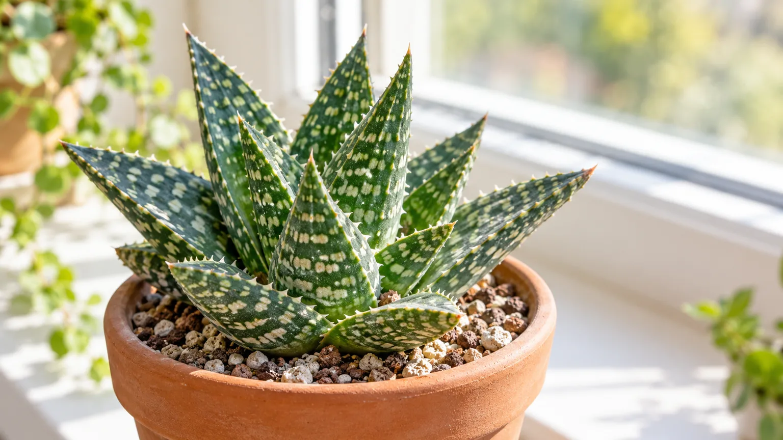 Compact tiger aloe with white-banded leaves growing in a terracotta pot