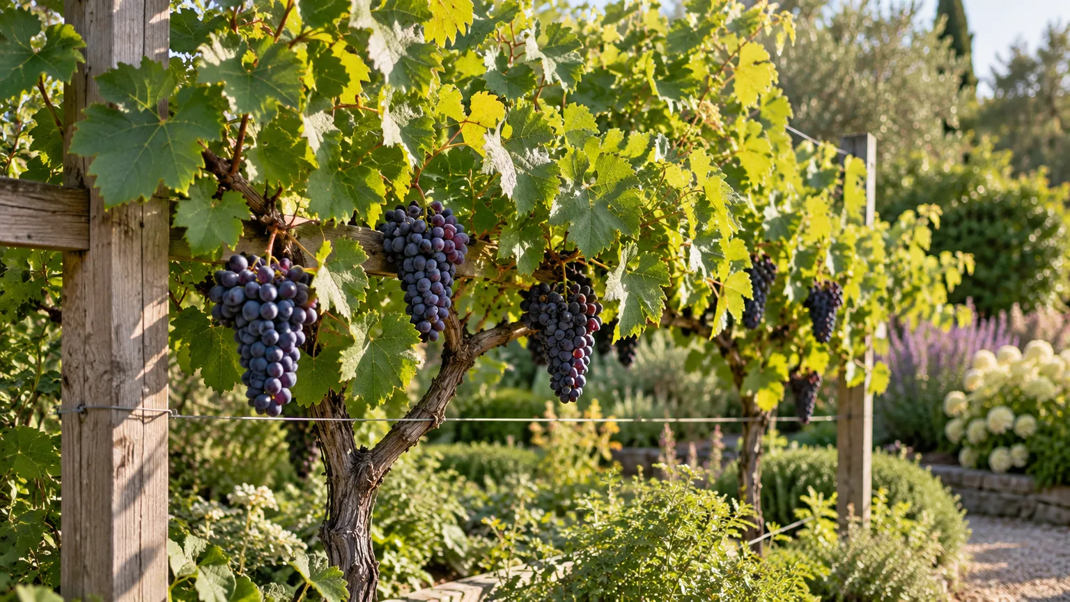 Healthy Vitis vinifera grape vine trained on a garden trellis with ripe clusters