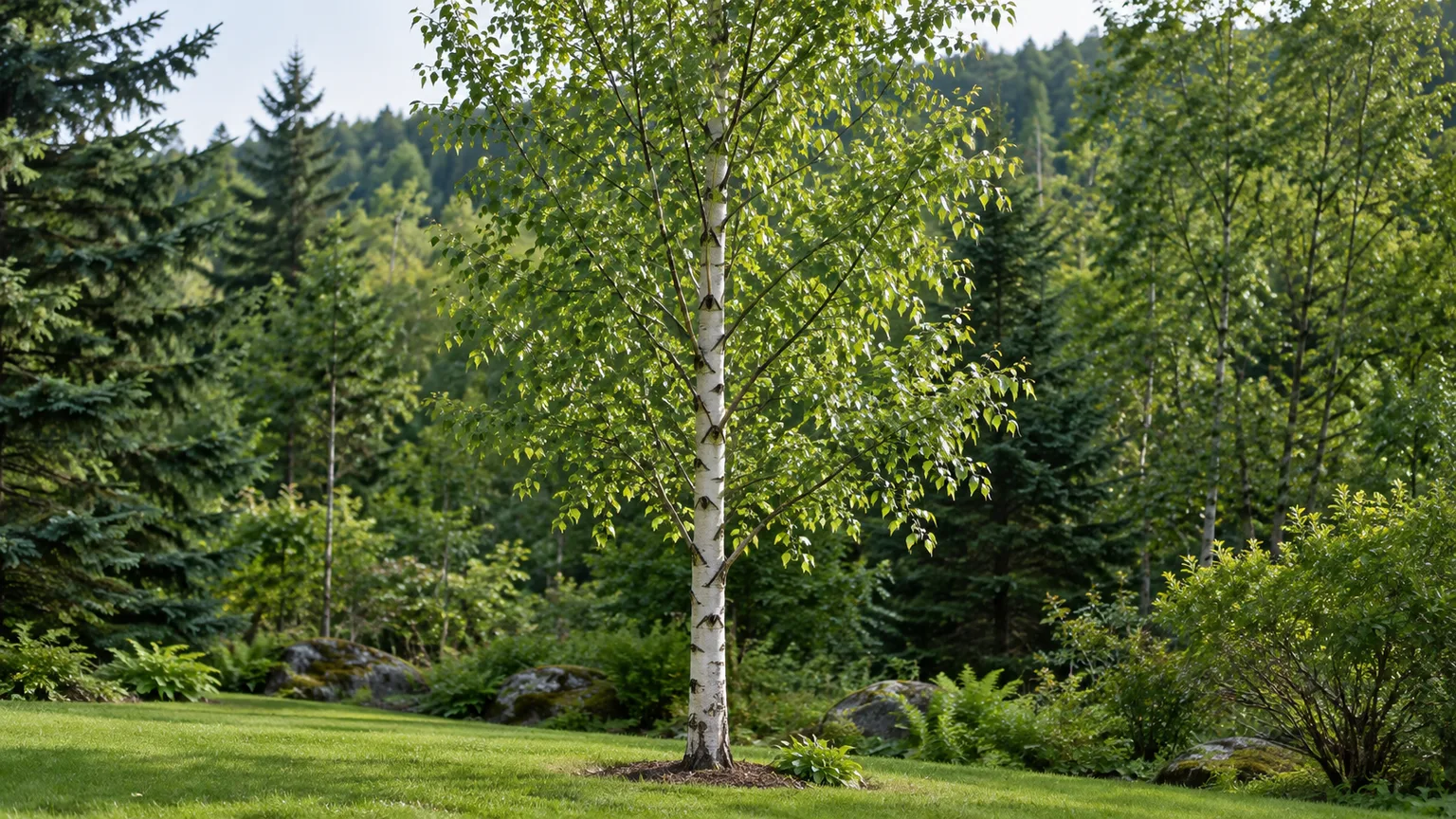 Mature gray birch with pale nonpeeling bark and triangular leaves in a cool-climate garden
