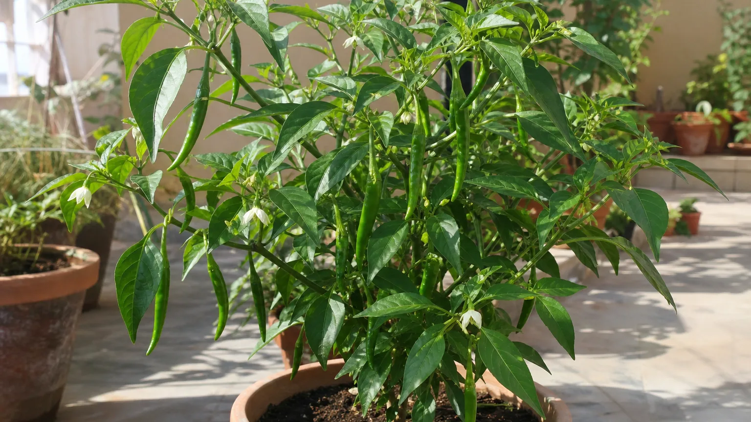 Green chili pepper plant growing in a sunny garden