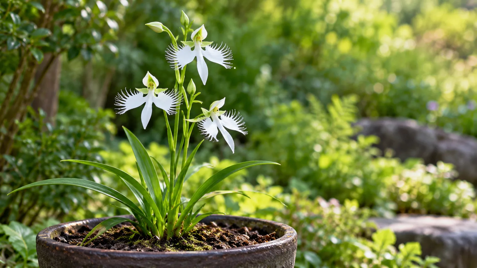 White egret orchid in bloom in a container of moist, well-drained medium