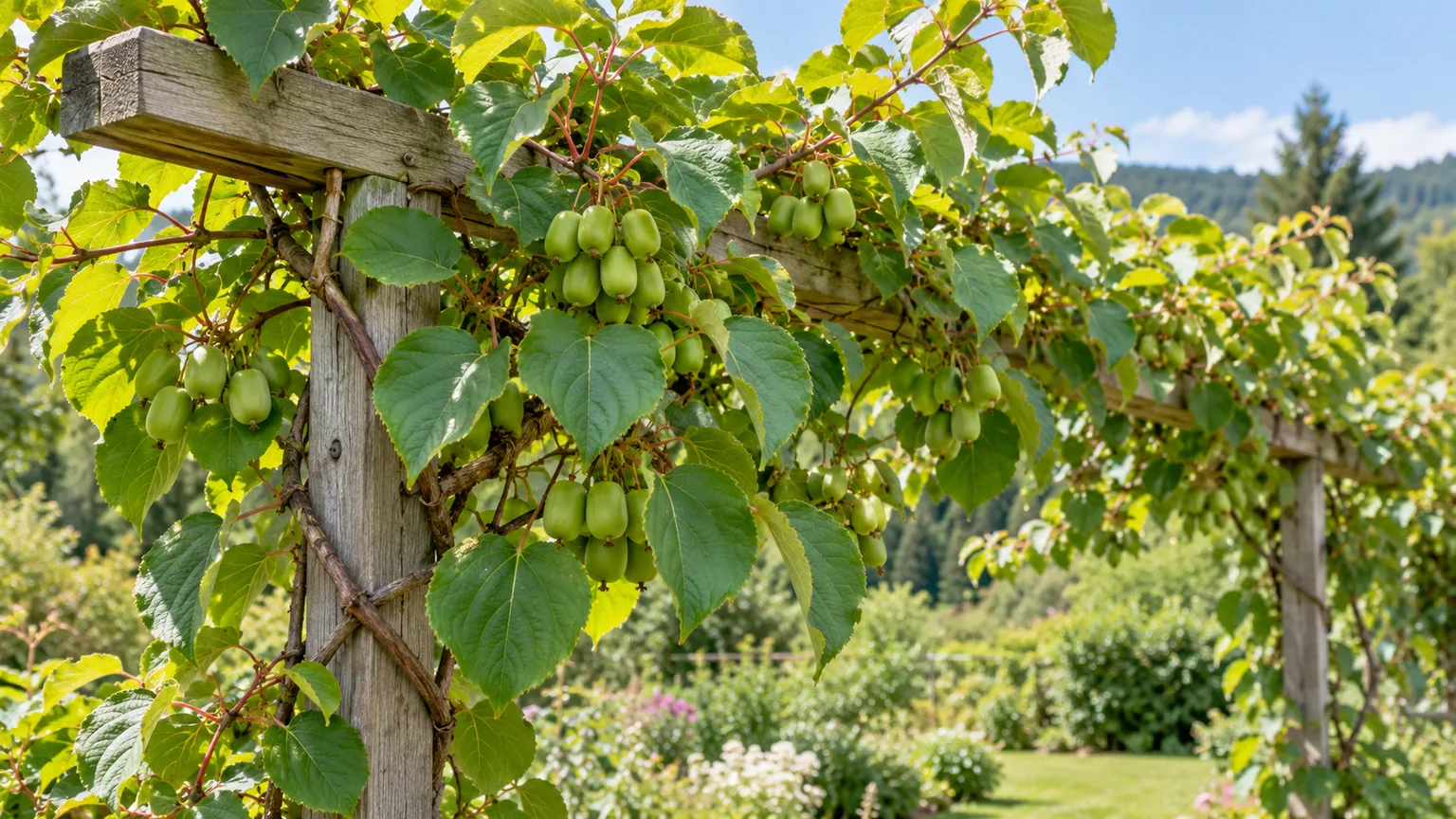 Healthy hardy kiwi vine bearing smooth green kiwiberries on a sturdy outdoor trellis