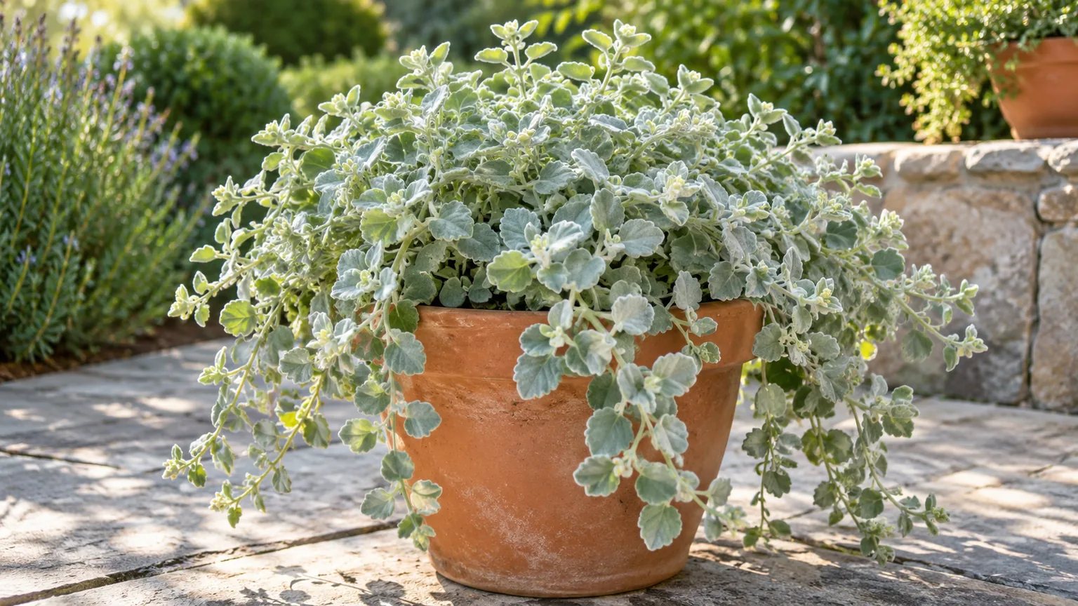 Healthy licorice plant with silvery, rounded leaves spilling over a terracotta pot