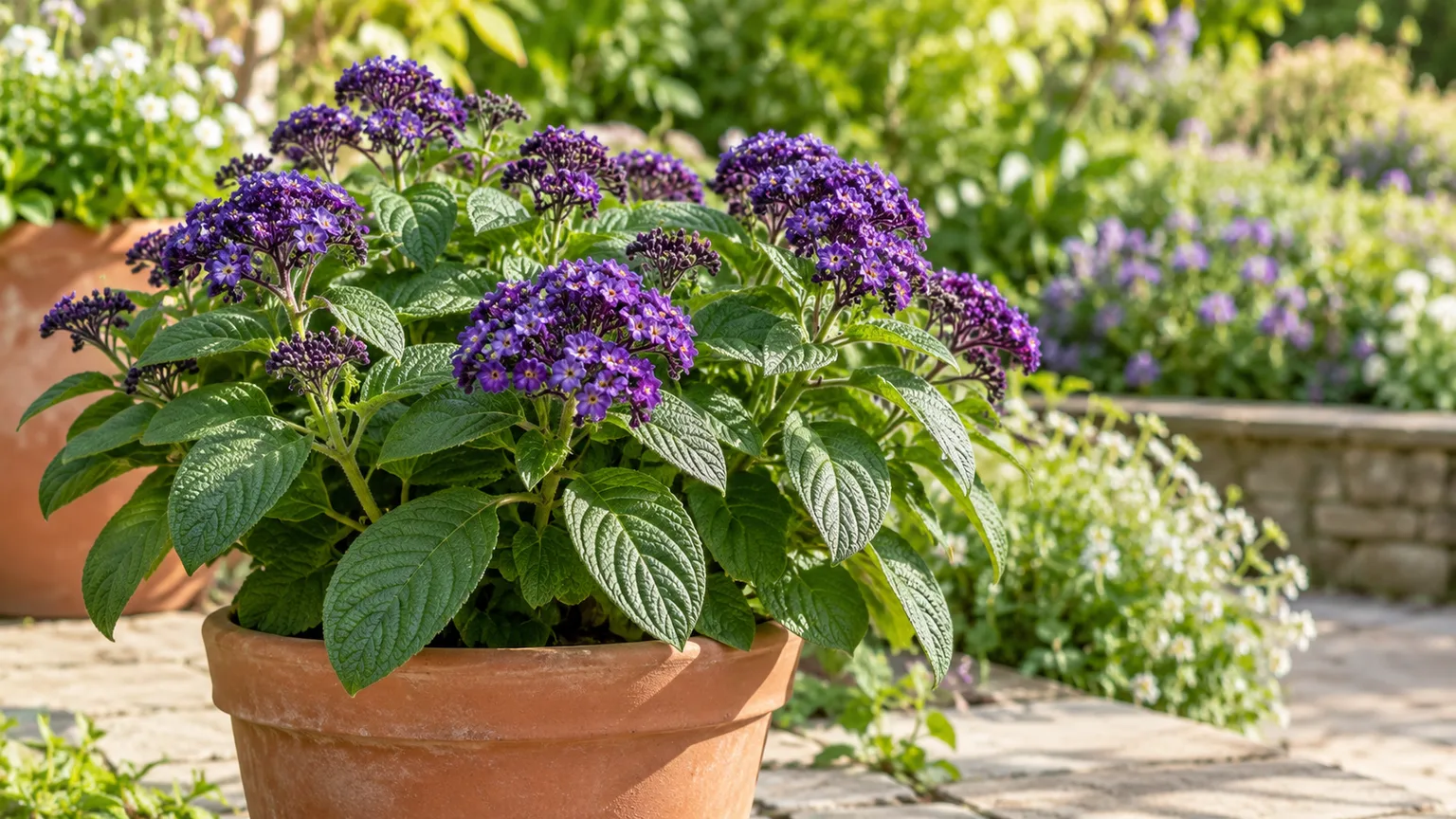 Healthy garden heliotrope with deep violet flower clusters and veined green leaves in a terracotta pot