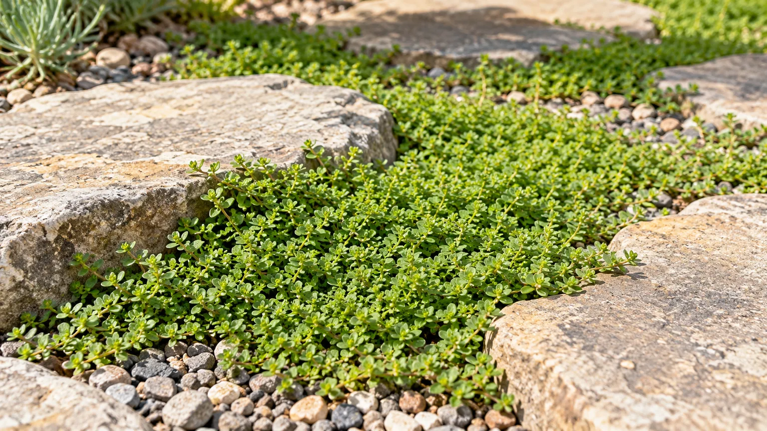 Low green rupturewort mat growing between pale stone pavers in a sunny gravel garden