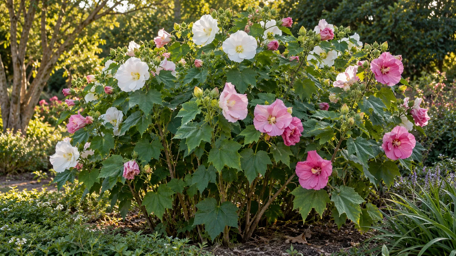 Cotton rose shrub with white and pink Hibiscus mutabilis flowers
