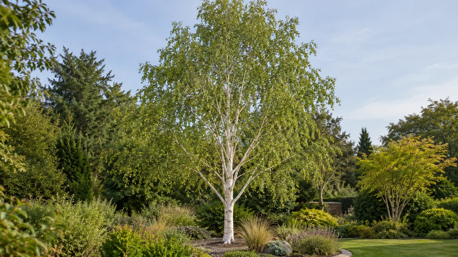Mature Himalayan birch with a pale white trunk and open green canopy in a temperate garden