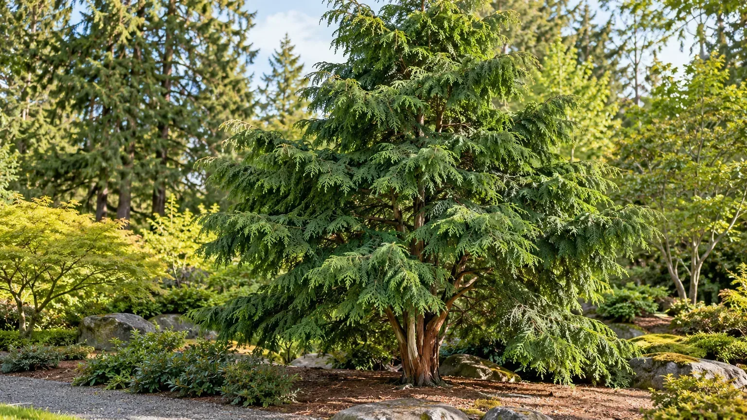 Mature Hinoki cypress with layered dark green sprays in a woodland garden