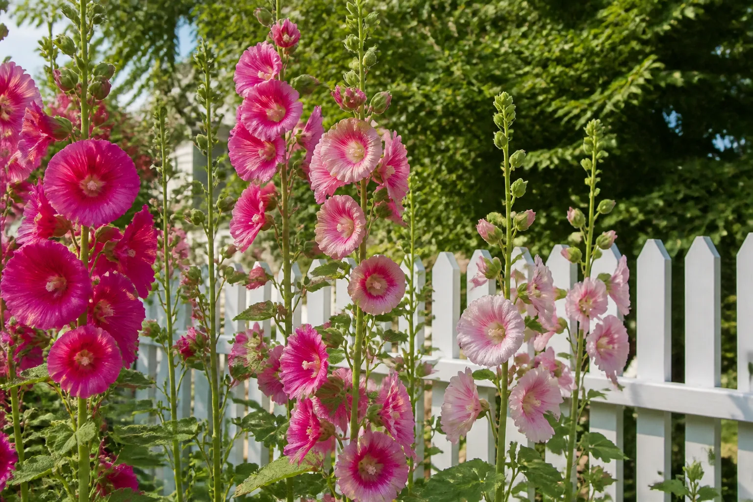 Pink hollyhock-like lavatera blooms on a fast-growing soft-wood shrub
