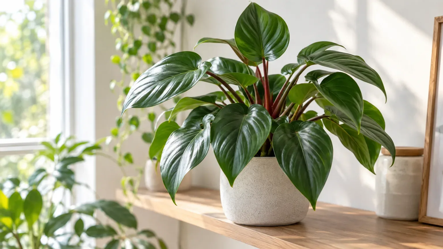 Healthy Homalomena with glossy heart-shaped leaves in a bright indoor plant corner