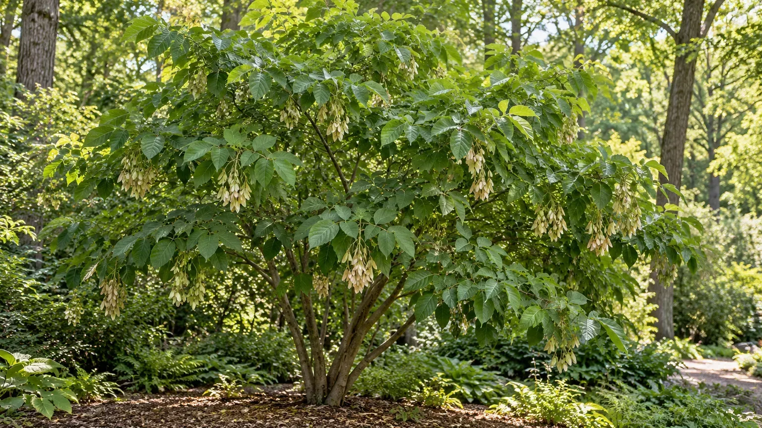 Healthy hoptree with three-leaflet foliage and papery samaras in a woodland garden