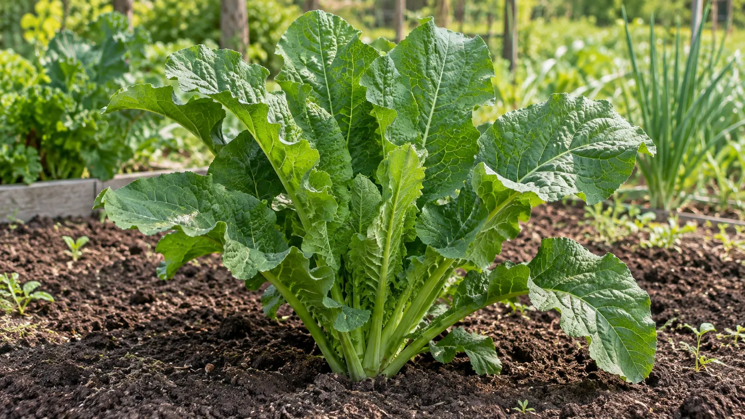 Healthy horseradish plant with broad, rippled green leaves growing in a sunny garden bed