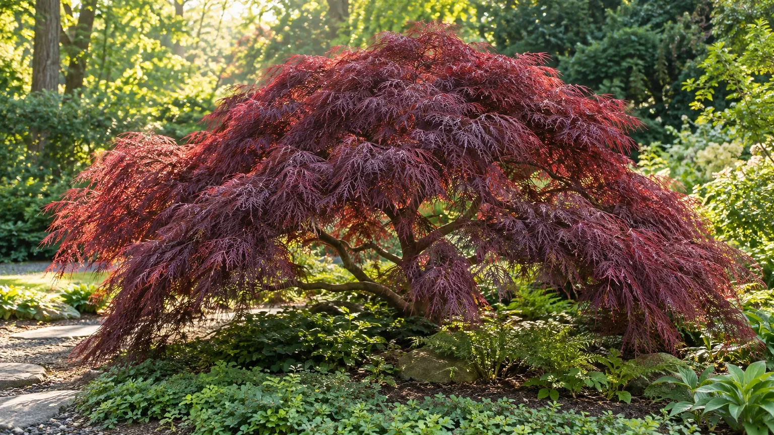 Healthy Inaba Shidare Japanese maple with cascading burgundy lace leaves