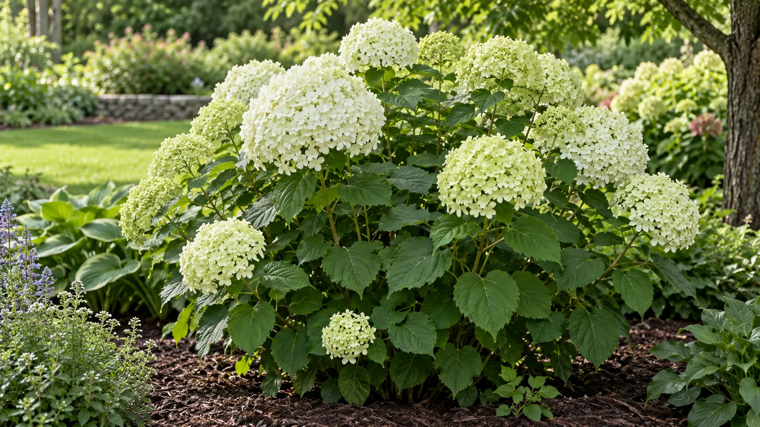 Mature Incrediball smooth hydrangea with large white flower clusters above dark green leaves