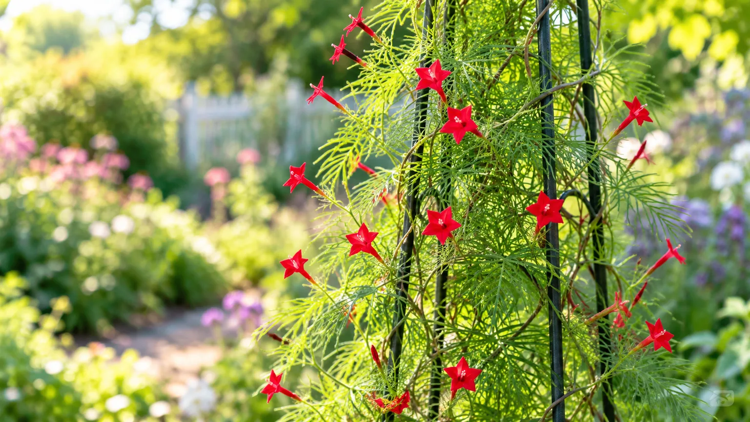 Cypress vine with finely divided green leaves and scarlet star-shaped flowers climbing a garden trellis