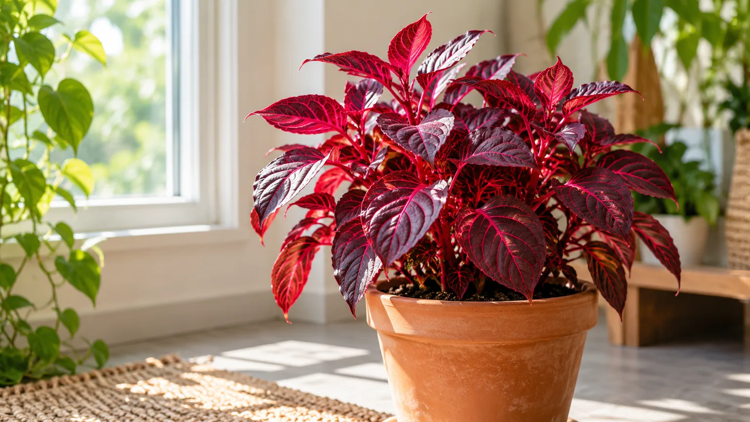 Healthy Blood Leaf Plant with vivid red-purple leaves and pink veins in bright indoor light