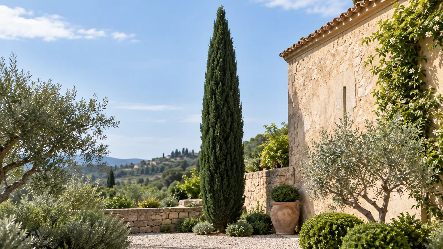 Italian cypress rising as a narrow green column in a sunny Mediterranean garden