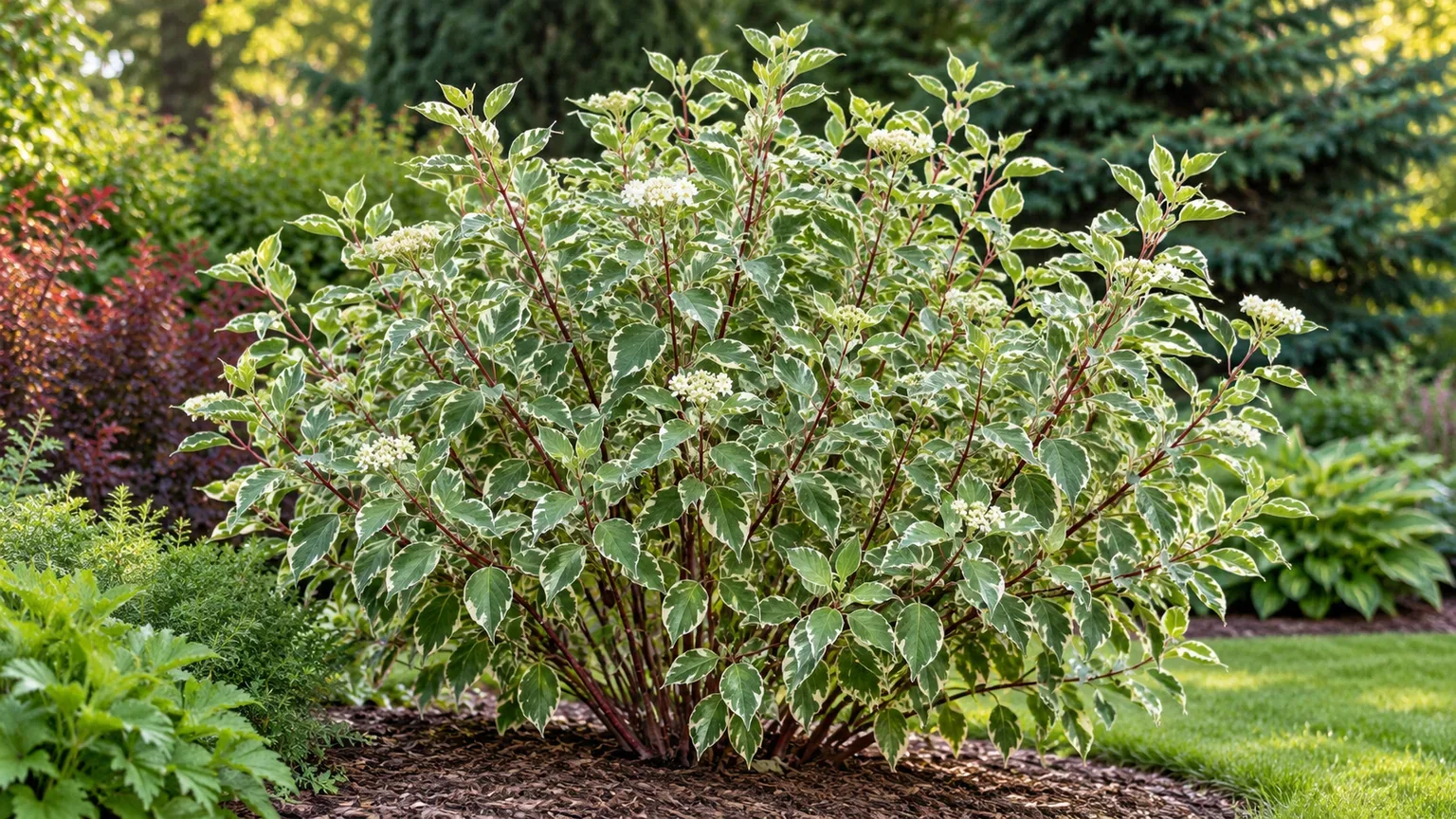 Ivory Halo dogwood with gray-green leaves edged in creamy white and red young stems.