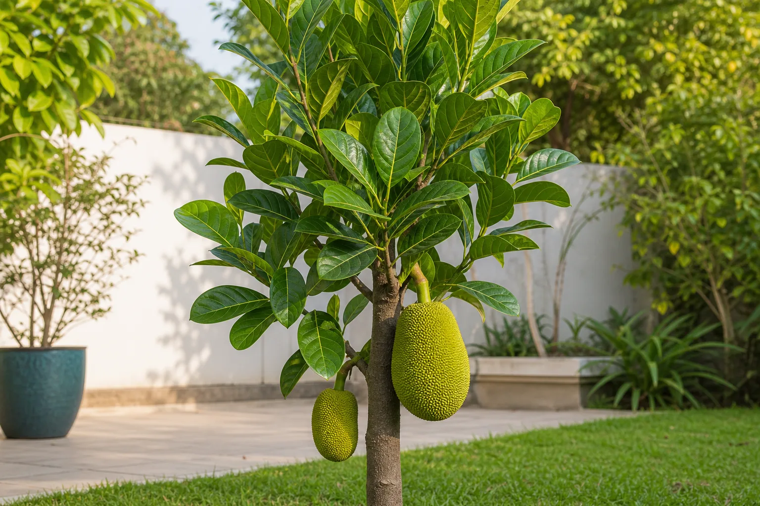 Healthy jackfruit tree with ripe and developing fruit in a sunny garden