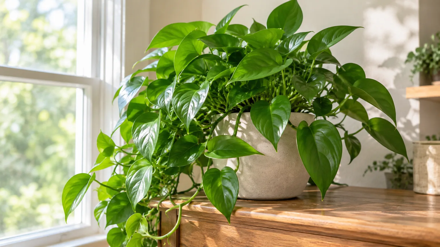 Healthy Jade pothos with glossy solid green leaves trailing from a pot near a bright window