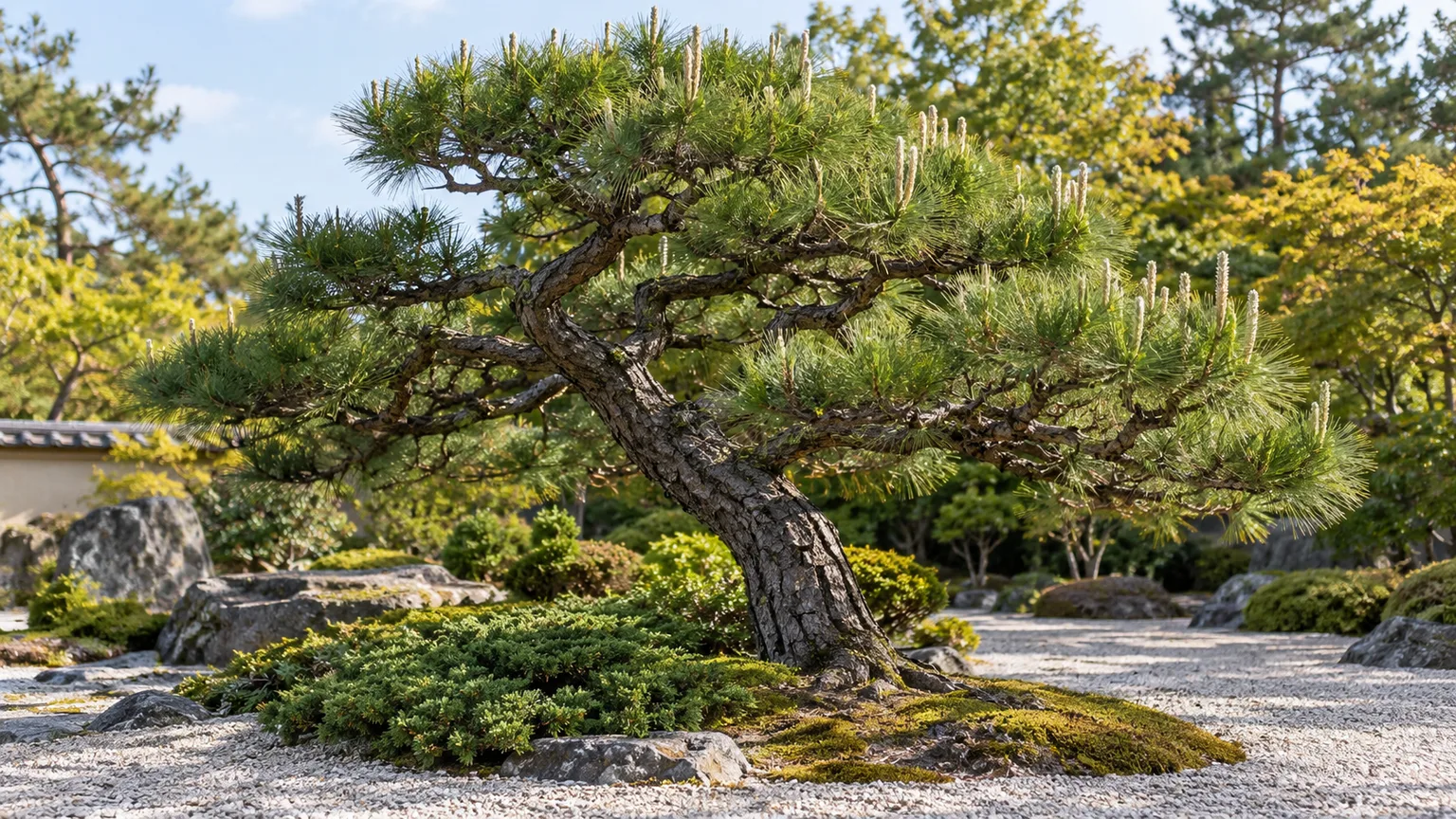 Healthy Japanese black pine with paired dark needles and silvery spring candles in a sunny garden