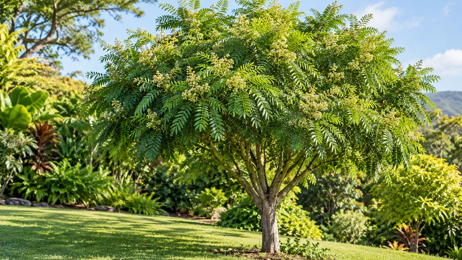 Healthy Japanese fern tree with a rounded canopy in a warm garden