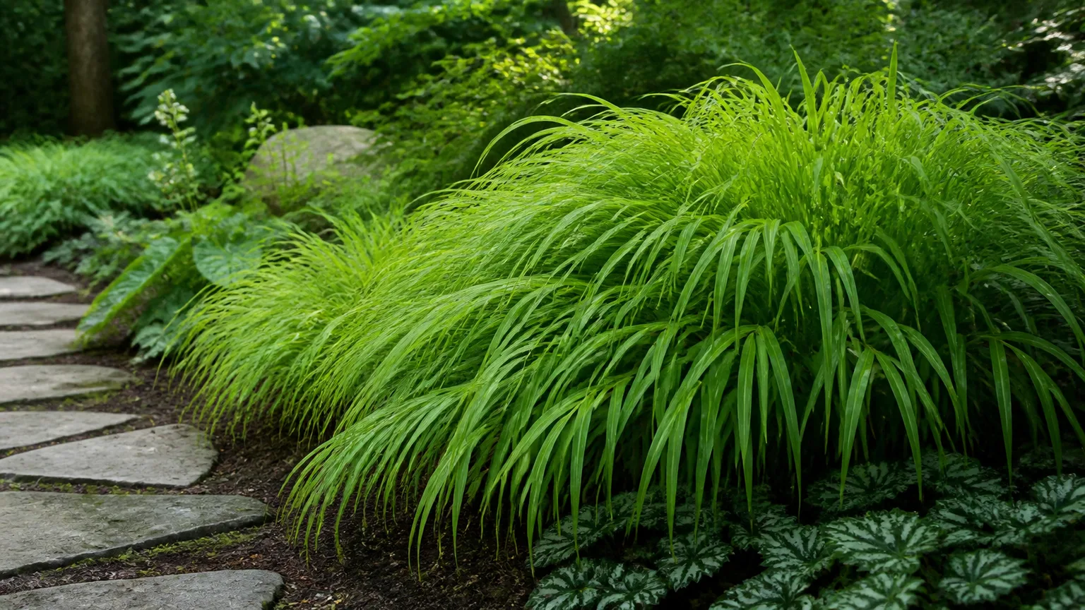 Japanese forest grass and broad-leaved plants line a shaded stepping-stone path, a useful model for a soft side-yard planting edge.