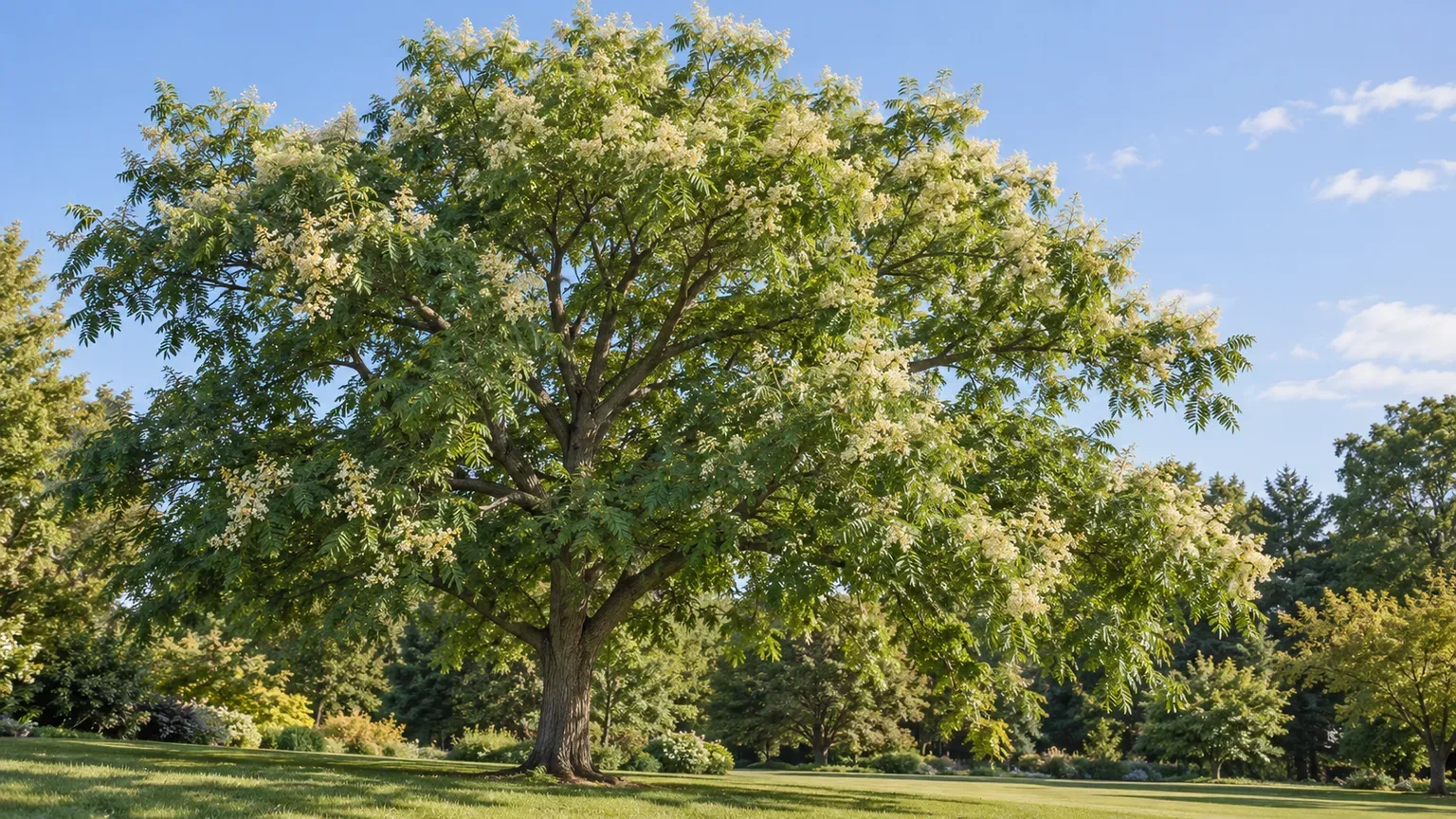 Mature Japanese pagoda tree with a broad leafy crown and creamy-white summer flowers