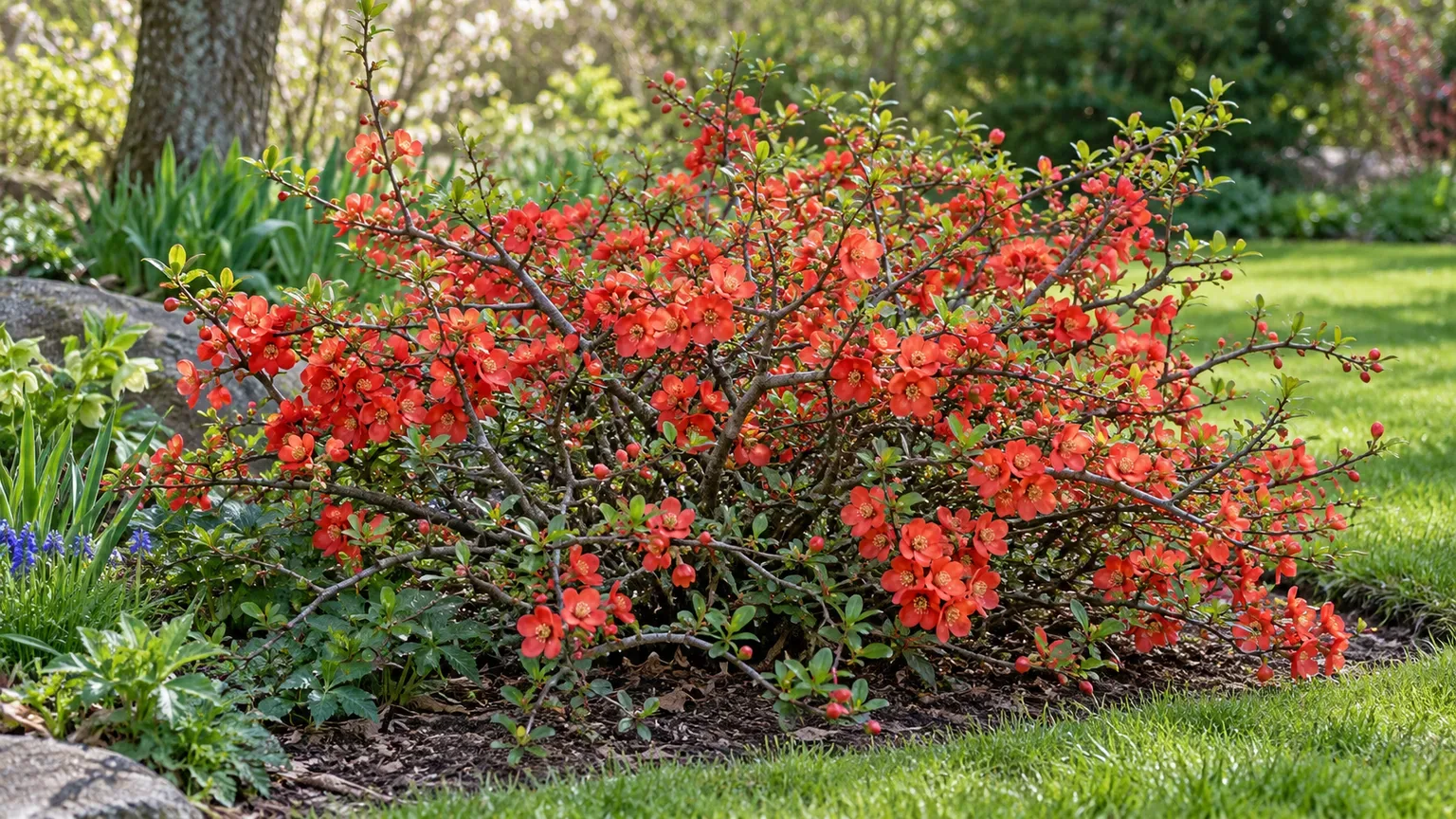 Healthy low Japanese quince shrub with orange-red spring flowers on spreading thorny branches