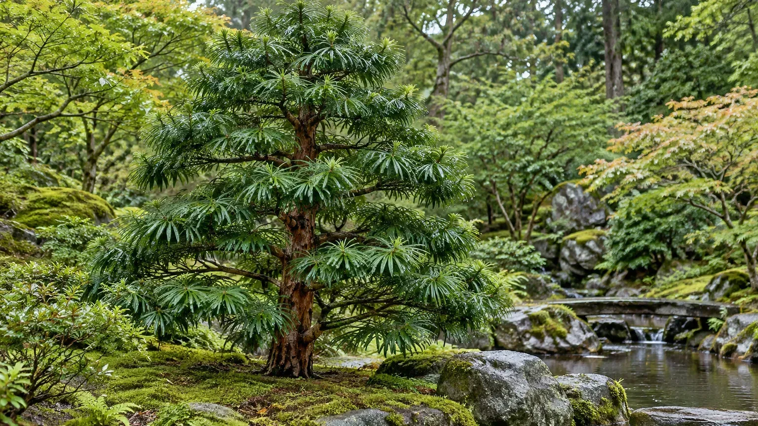 Japanese umbrella pine with glossy umbrella-like foliage in a sheltered garden