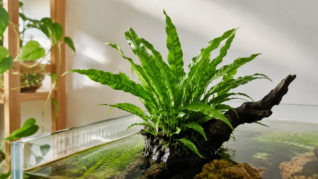 Java Fern aquatic plant in clean aquarium water