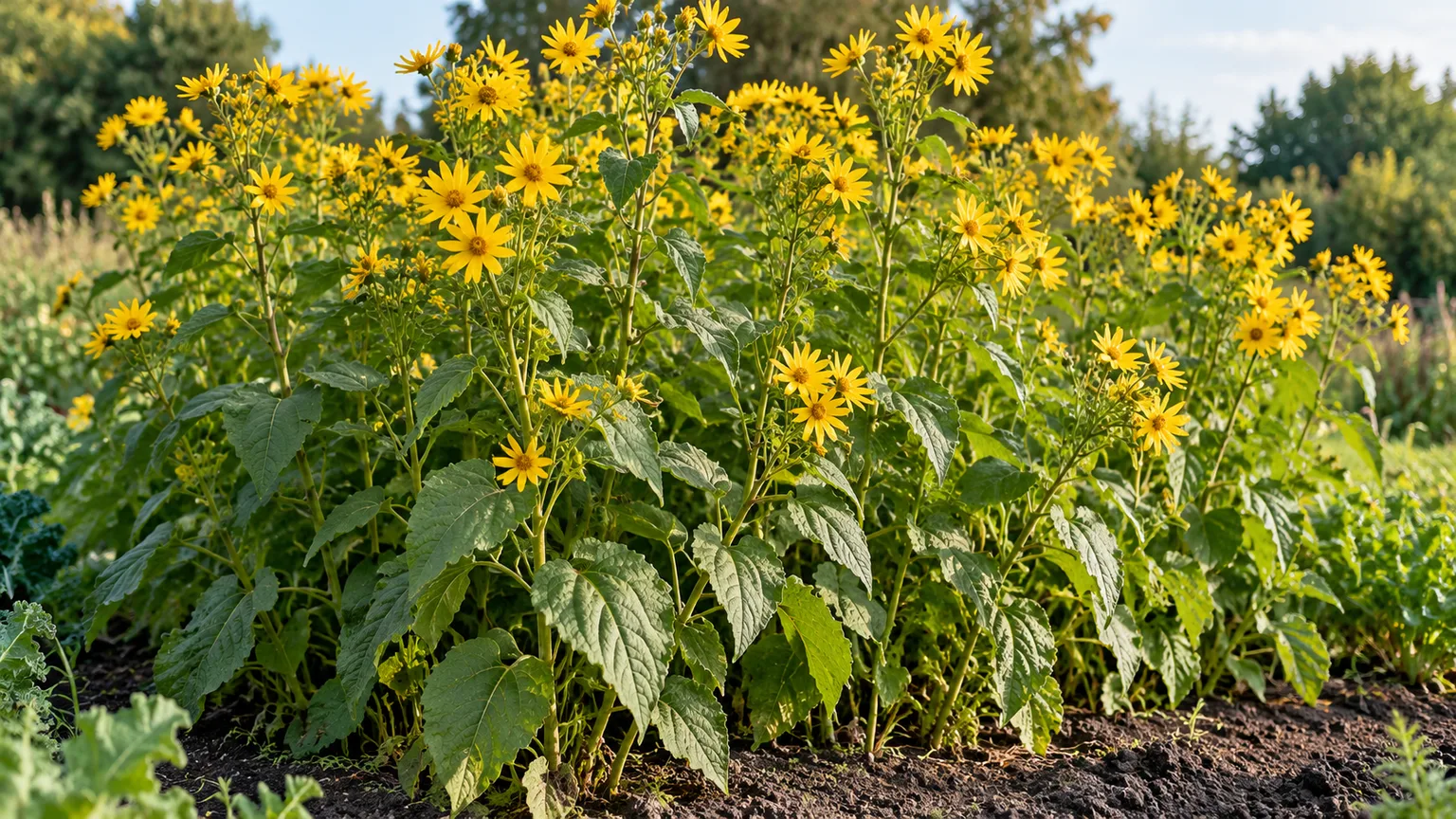 Flowering Jerusalem artichoke plants with yellow blooms in a dedicated garden bed