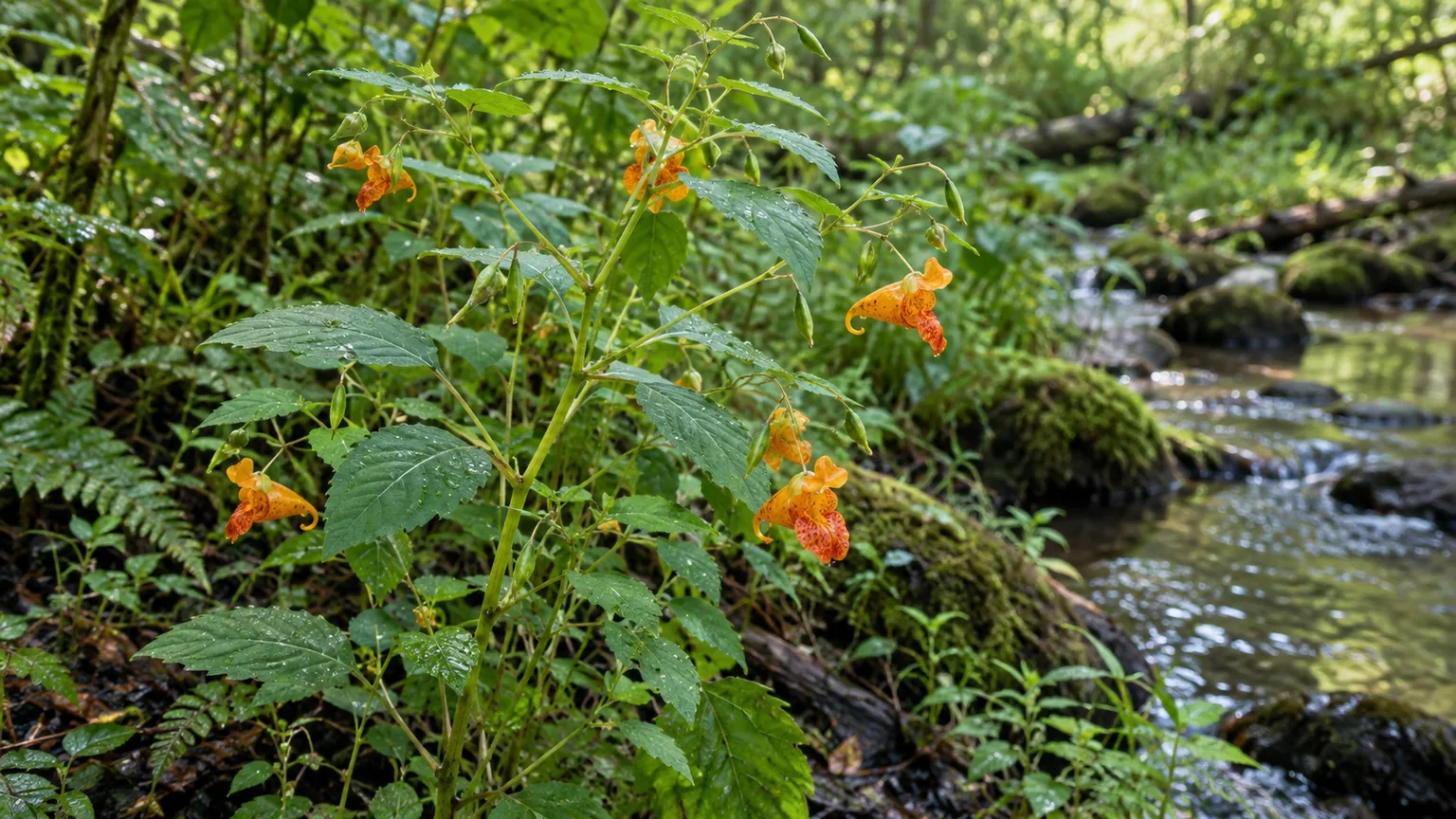 Orange jewelweed with spotted flowers beside a shaded woodland stream