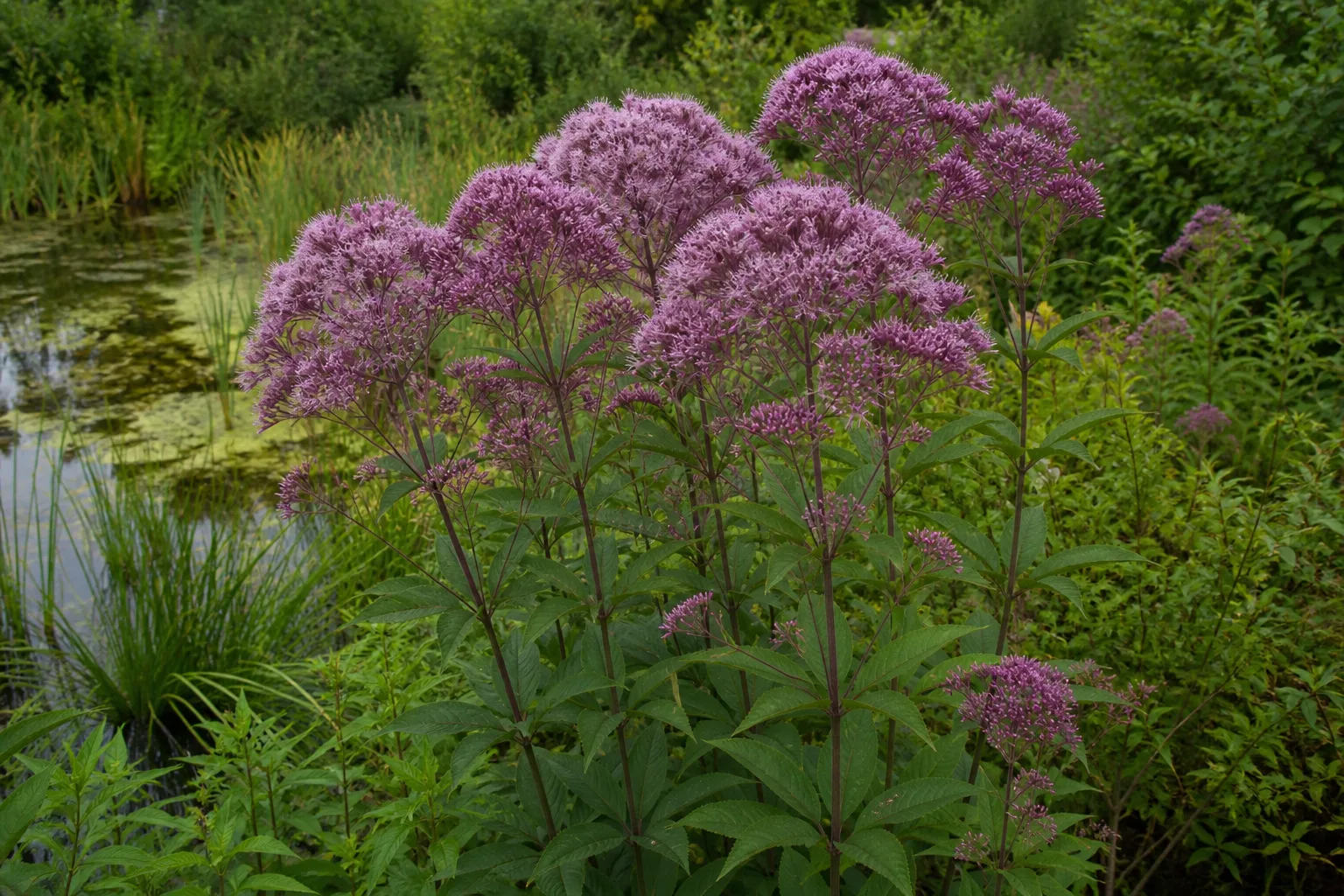Joe Pye weed in full late-summer bloom attracting butterflies and bees in a native pollinator border