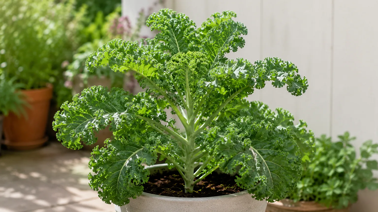Healthy curly kale growing in a container for a cool-season harvest