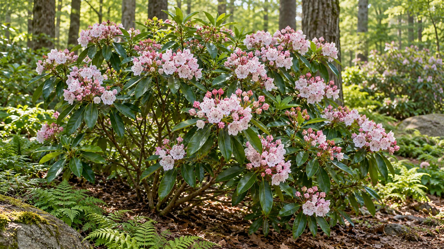Healthy mountain laurel shrub with glossy evergreen foliage and clusters of pale pink blooms