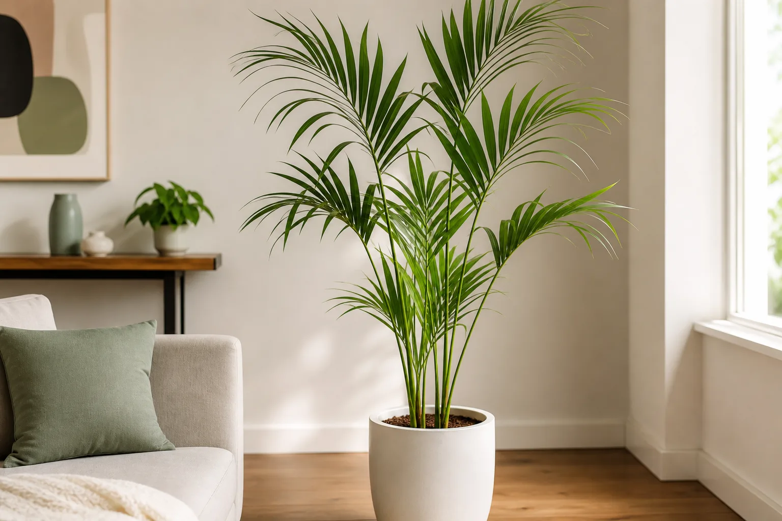 Kentia palm with long arching fronds in a bright living room