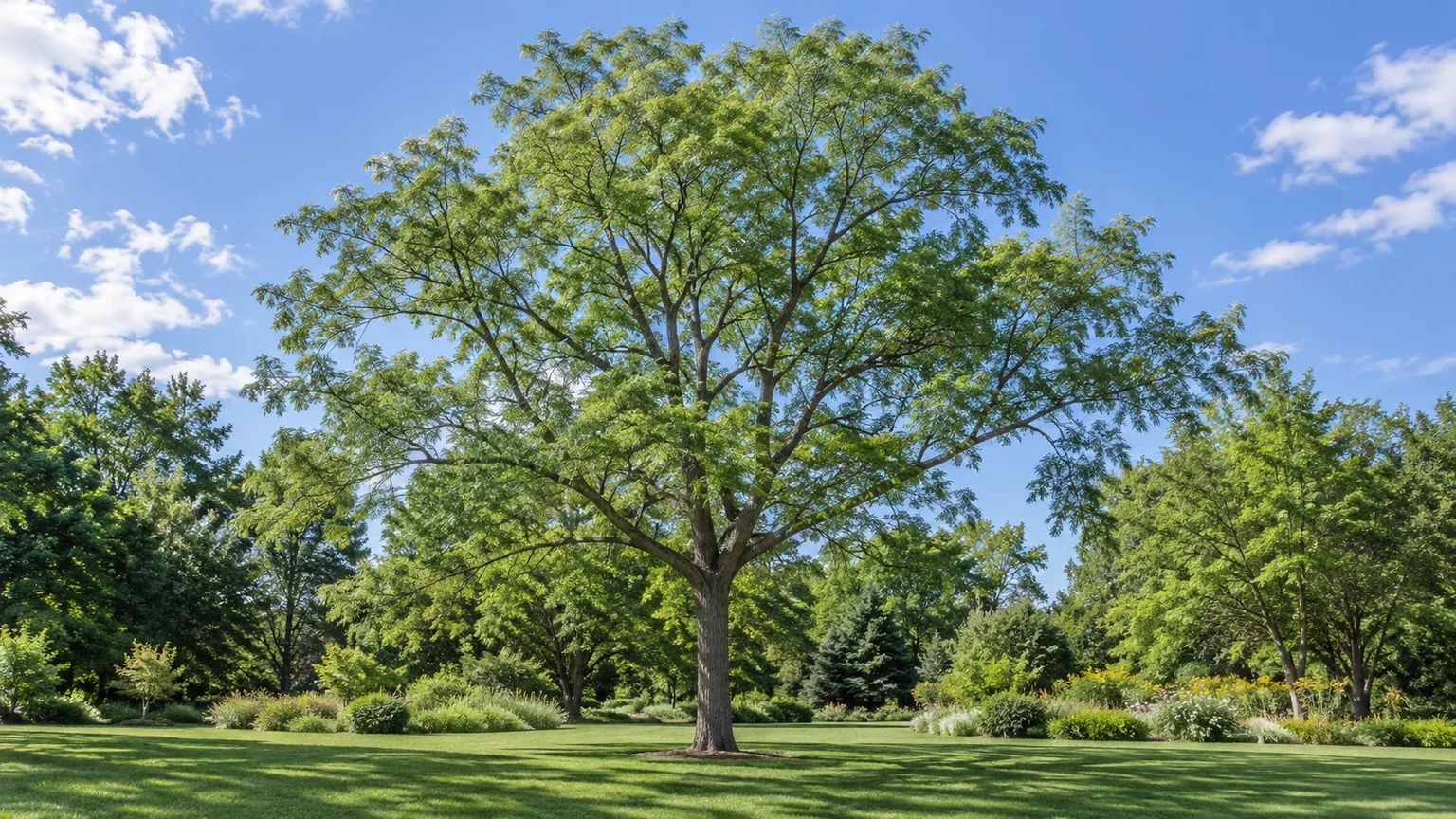 A mature Kentucky coffeetree with an open canopy of finely divided green leaves