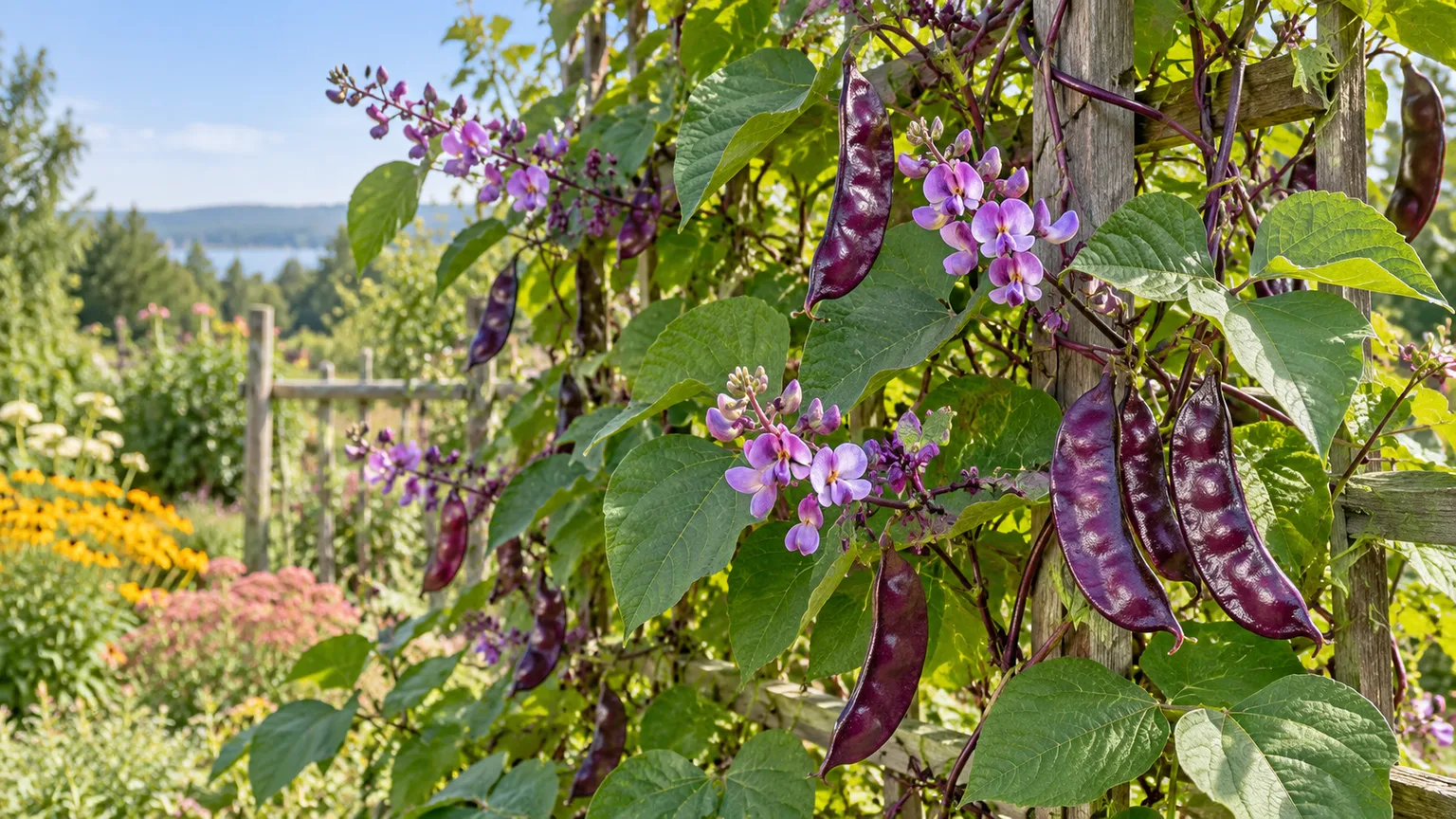 Purple hyacinth bean vine with purple flowers and glossy pods climbing a trellis