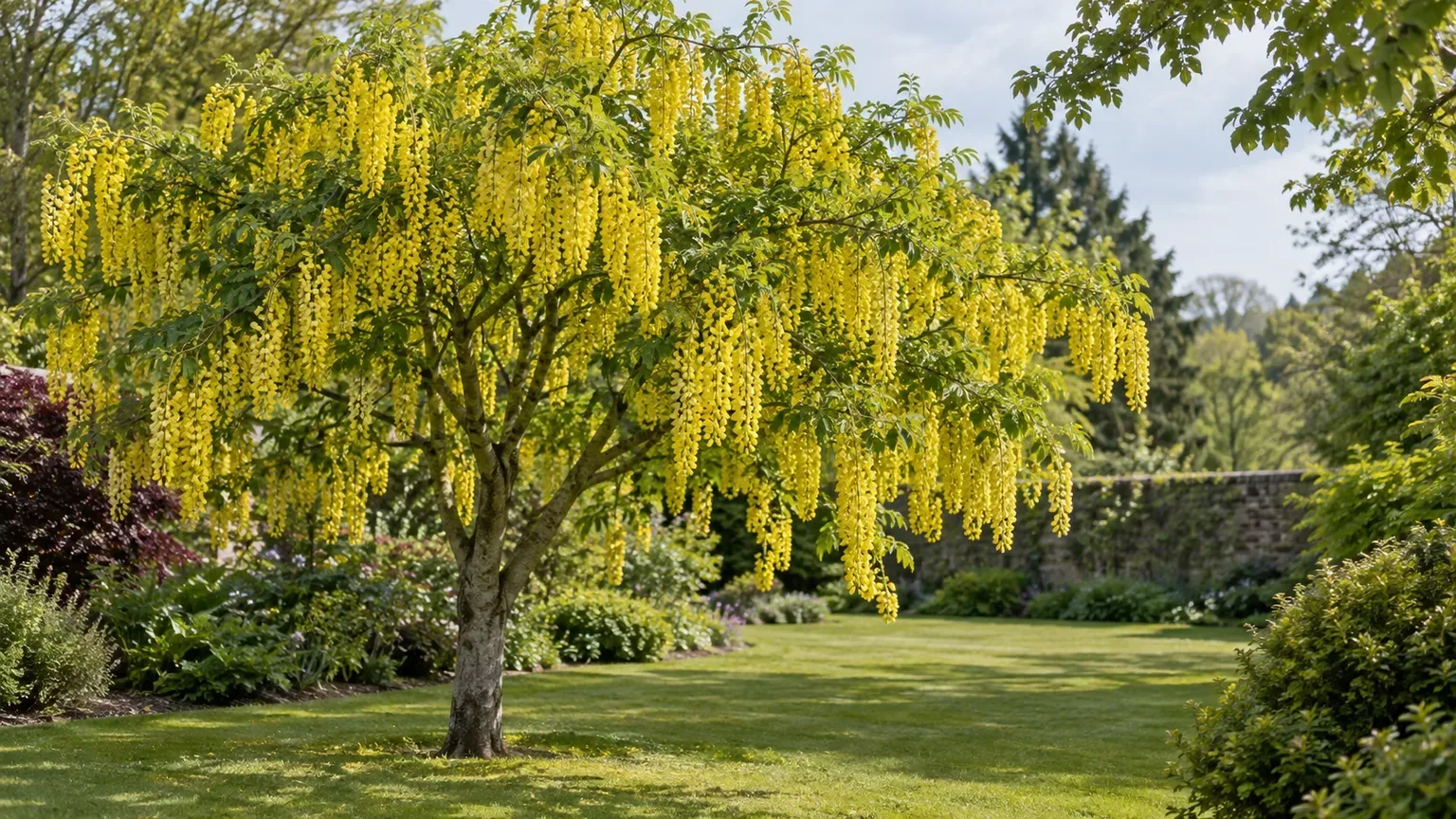 Golden chain tree with cascading yellow Laburnum flower racemes in a cool temperate garden