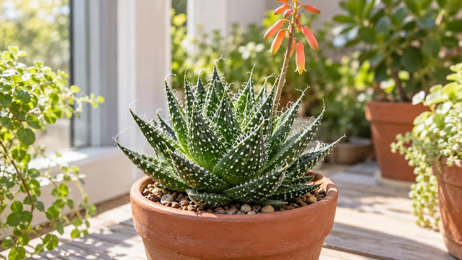 Healthy lace aloe rosette with white spots in a terracotta pot