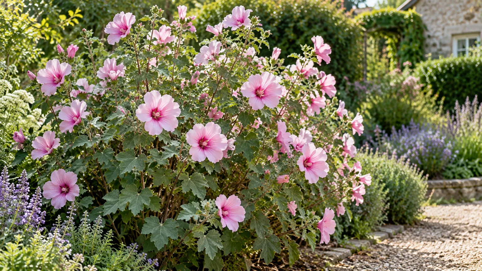 Healthy shrubby Lavatera with pink flowers and lobed leaves in a sunny garden border