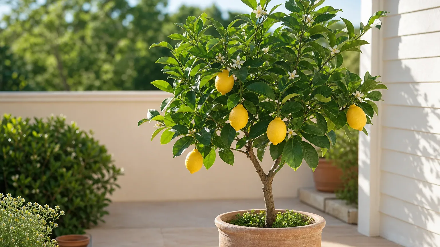 Compact lemon tree in a terracotta pot on a sunny patio with ripe fruit and white flowers