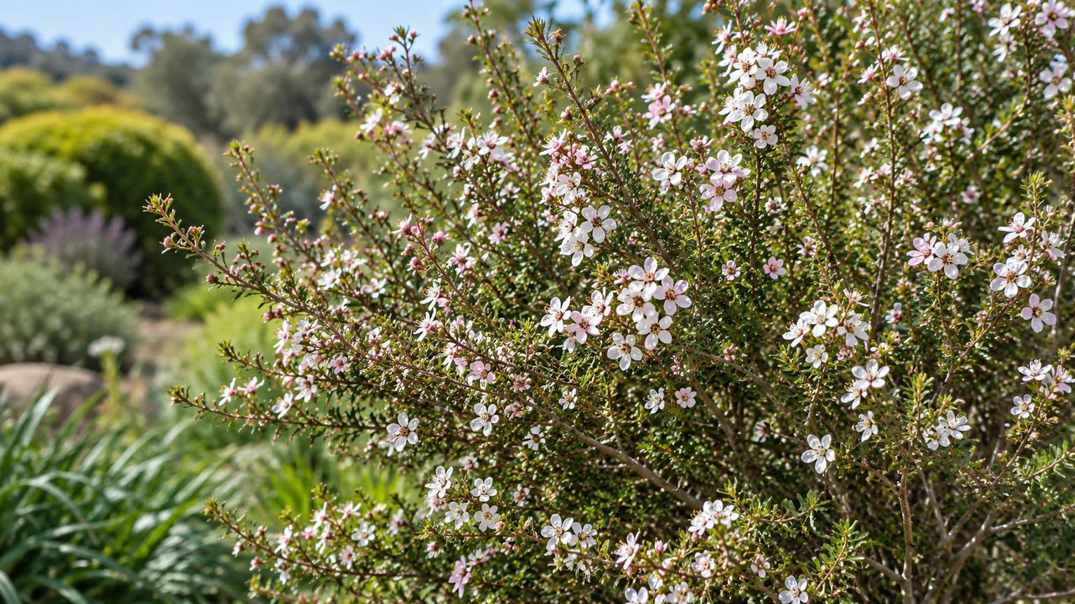 Healthy New Zealand tea tree shrub with small pale flowers
