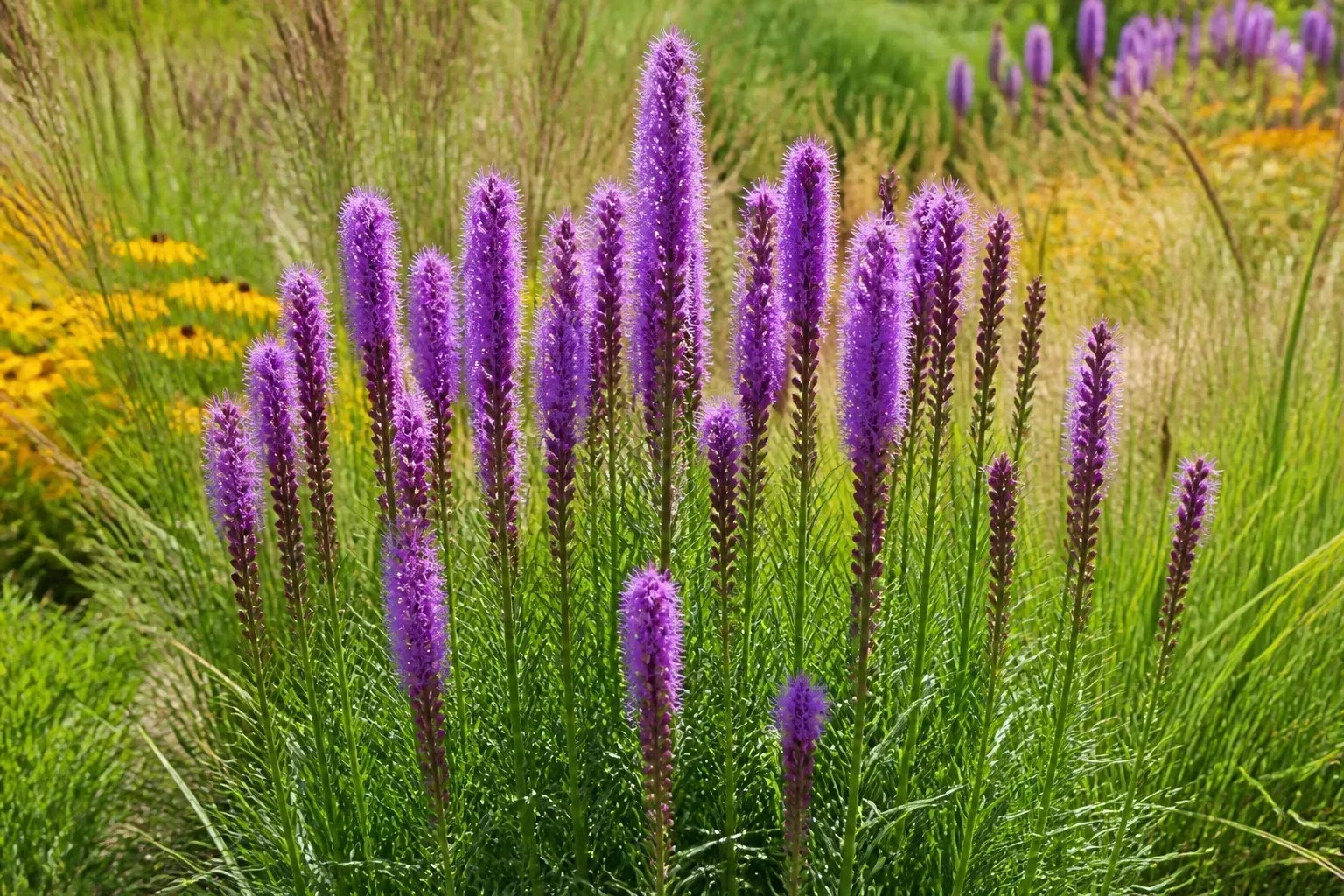 Purple liatris blazing star flower spikes rising above green foliage in full sun